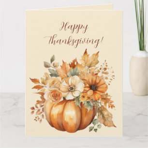 Carte Thanksgiving-Watercolor Citrouille Floral Design-