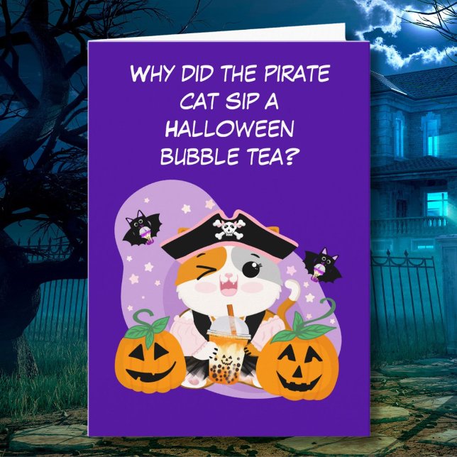 Carte Thé de bulle avec Pirate Kawaii Chat Halloween Fun (Créateur téléchargé)