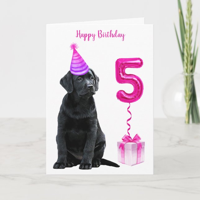 Carte Thème de chiot 5e anniversaire - mignon chien rose (Devant)
