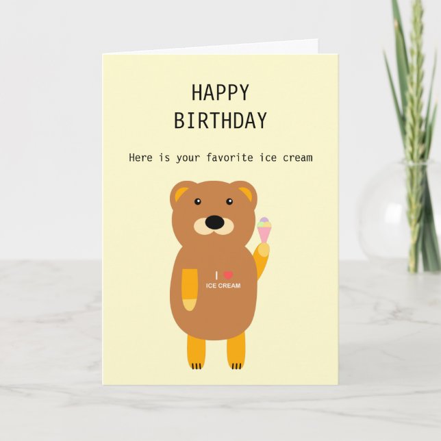 Carte Thème d'été Drôle Ours Crème de glace Joyeux Anniv (Devant)