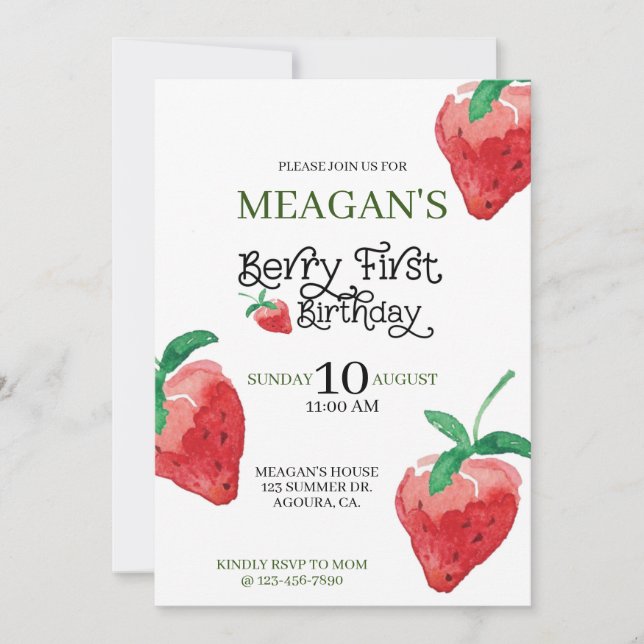 Carte thème fraise, premier anniversaire, anniversaire d (Devant)
