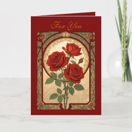 Carte Three Deep Red Roses Art Nouveau Style