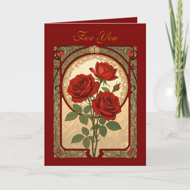 Carte Three Deep Red Roses Art Nouveau Style (Devant)