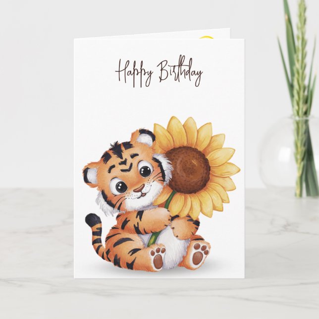 Carte Tigre d'anniversaire tenant un tournesol (Devant)