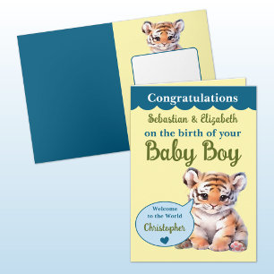 Carte Tigre mignon ajouter des noms bleu vert garçon béb