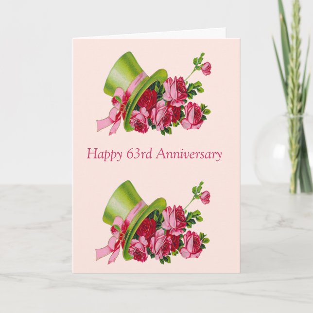 Carte Top chapeau et fleurs, Joyeux 63e anniversaire (Devant)