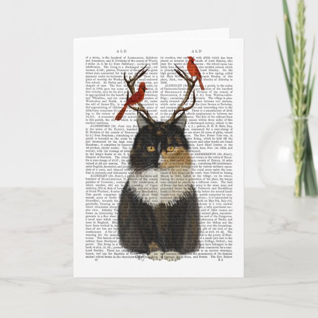 Carte Tortoiseshell Cat with Antlers and Red Birds (Devant)
