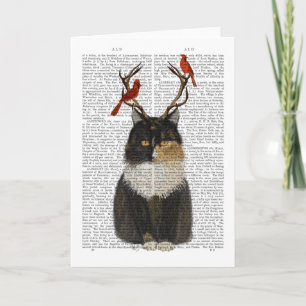 Carte Tortoiseshell Cat with Antlers and Red Birds