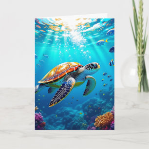 Carte Tortue de mer Colorée Scène sous-marine Anniversai