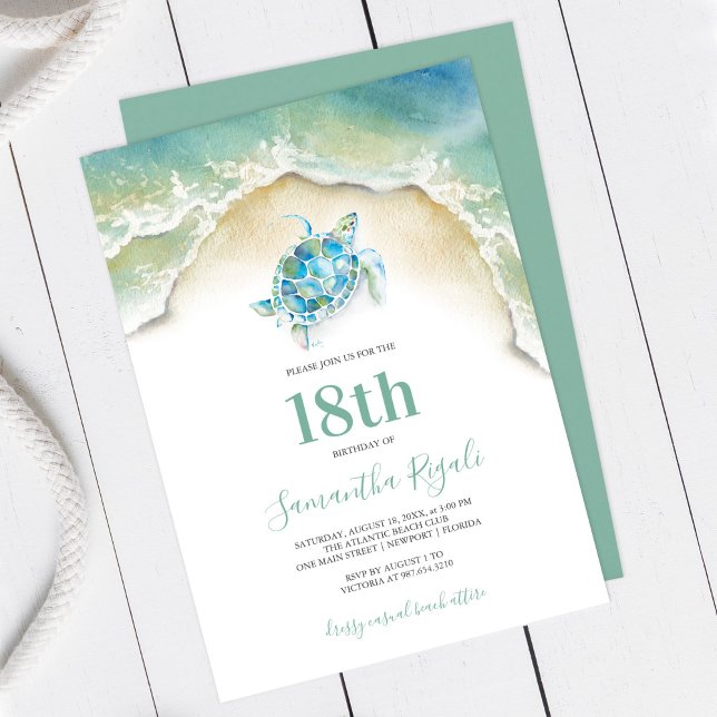 Carte Tortue de mer tropicale Vagues océaniques Annivers (18th Birthday invitation with watercolor sea turtle & ocean waves beach shore Victoria Grigaliunas)