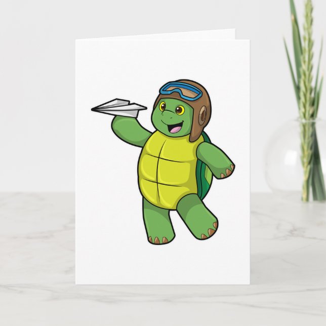 Carte Tortue en tant que pilote avec un avion en papier (Devant)