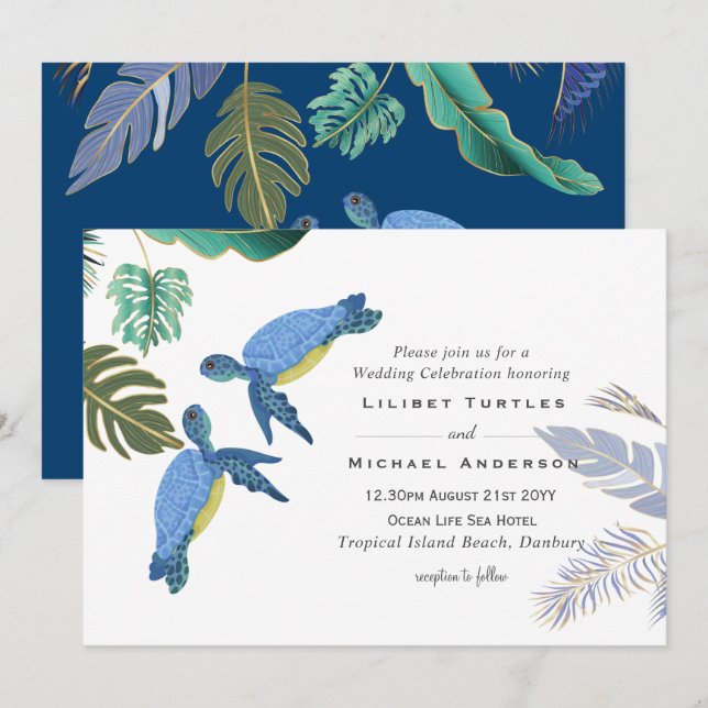 Carte Tortues de mer Mariage bleu jaune (Devant / Derrière)