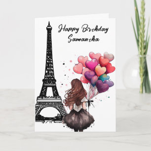 Carte Tour Eiffel Chic, Fille, Ballons Coeur Anniversair