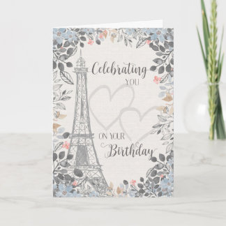 Carte Tour Eiffel d'anniversaire avec cadre floral 