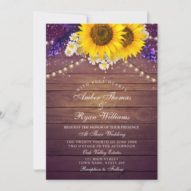 Carte Tournesol floral jaune violet rustique de la campa (Devant)