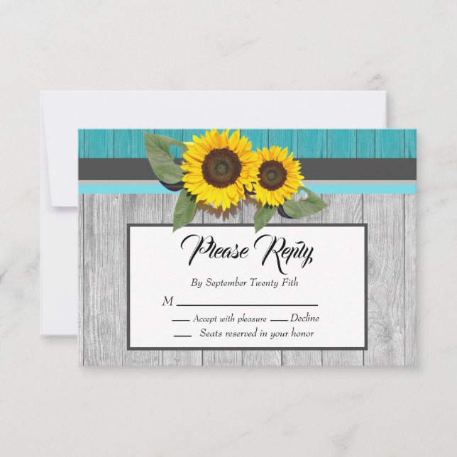 Carte Tournesol Mariage rustique Turquoise en bois gris  (Devant)