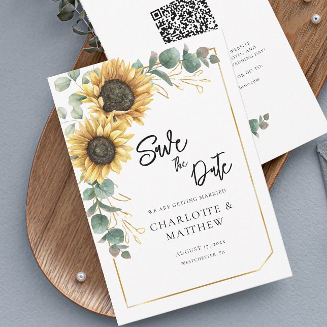 Carte Tournesol rustique QR Code Mariage Enregistrer la  (Save the Date Wedding Sunflower Floral Eucalyptus Greenery Script Announcement)