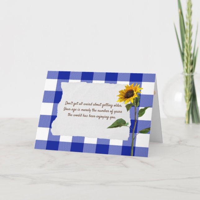 Carte tournesol sur l'anniversaire bleu et blanc plaid (Devant)
