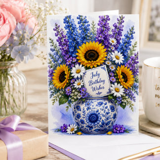Carte Tournesols aquarelle & Fleurs bleues pour un anniv