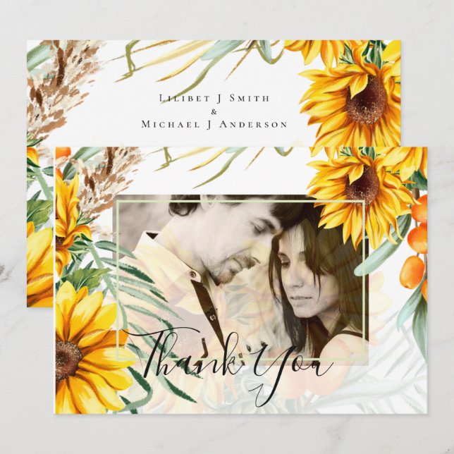 Carte Tournesols Rustiques Pampas Mariage en herbe (Devant / Derrière)