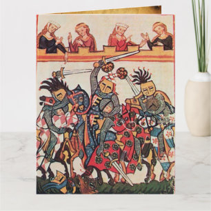 CARTE TOURNOI MÉDIÉVAL, CHEVALIERS COMBATTANTS ET DAMES