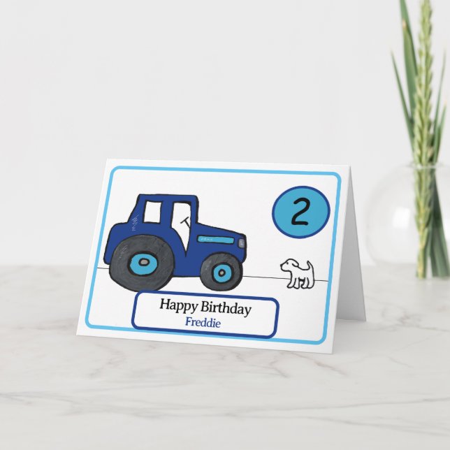 Carte tracteur bleu & chien 2e anniversaire (Devant)