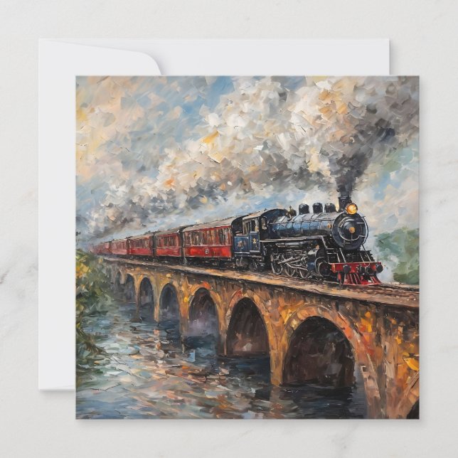 Carte Train à vapeur sur un pont - Peinture à l'huile (Devant)
