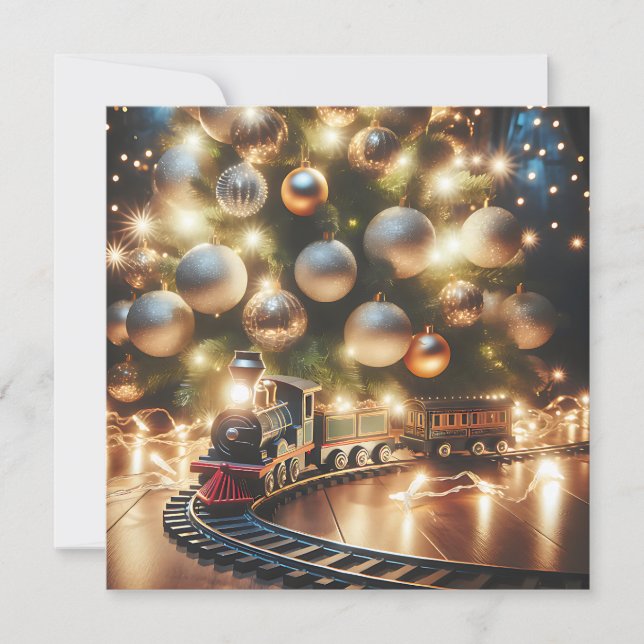 Carte Train de Noël doré à l'ancienne sous l'arbre (Devant)