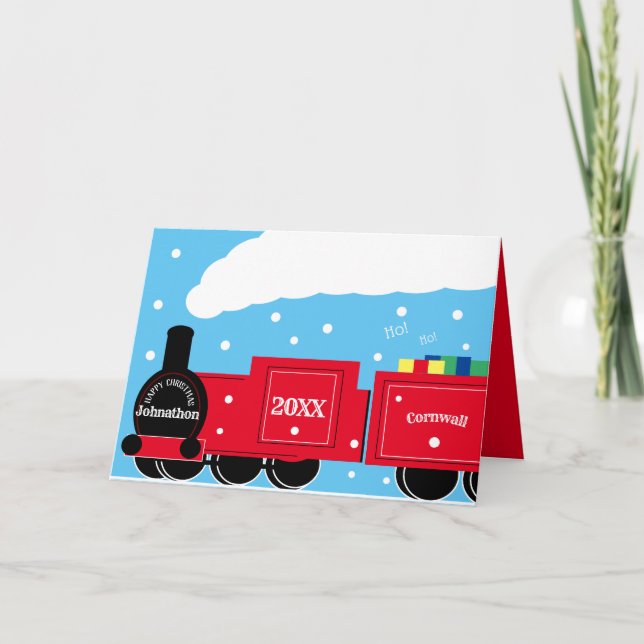 Carte Train de Noël personnalisé pour garçon dans la nei (Devant)
