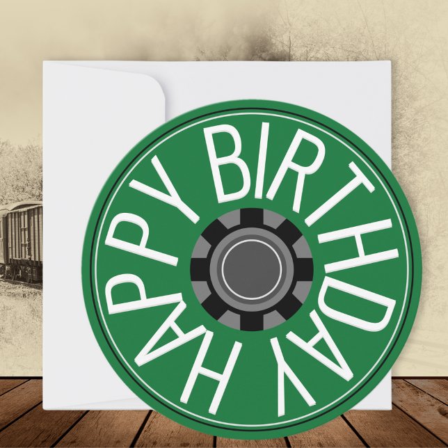 Carte Train Wheel Steampunk Green Happy Birthday Card (A greetings card in Steampunk style, in green with 'Happy Birthday' greeting)