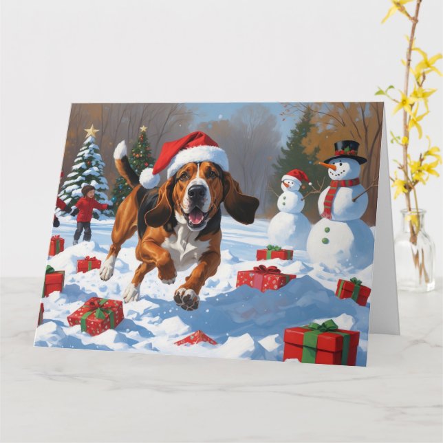 Carte Trek Walker Coonhound Neige avec Casquette de Noël (Fleur jaune)
