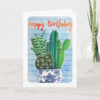Carte Trendy tropical vert & bleu Cactus Anniversaire