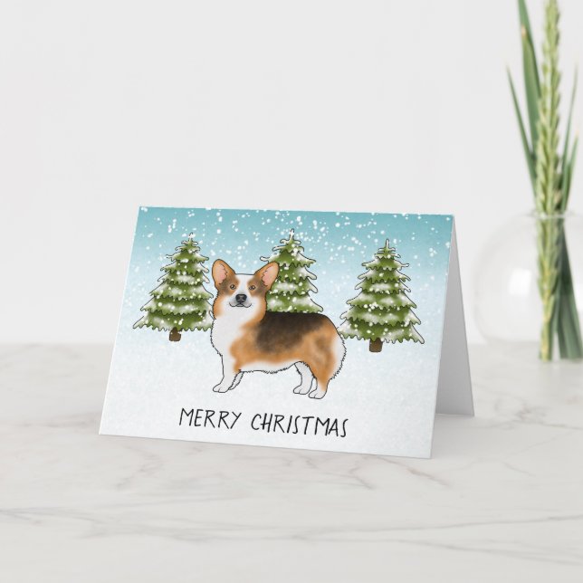 Carte Tri Pembroke Corgi à tête rouge Noël d'hiver (Devant)