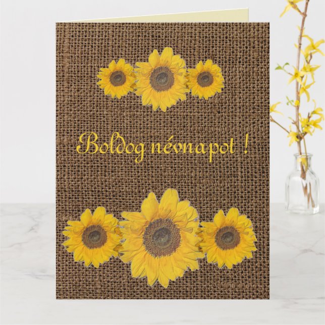 Carte Trio de tournesol en burlap- nom jour (Fleur jaune)