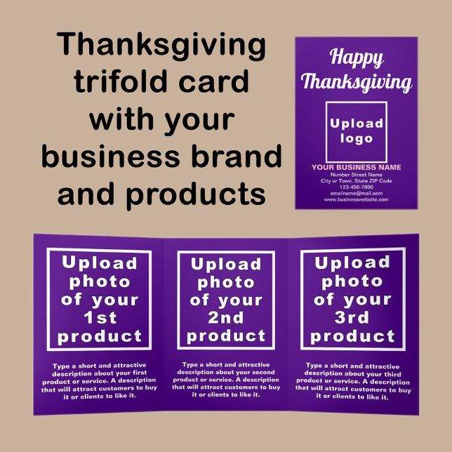 Carte triple Jeu d'action de grâces pourpre (Thanksgiving purple trifold card with your business brand and products or services.)