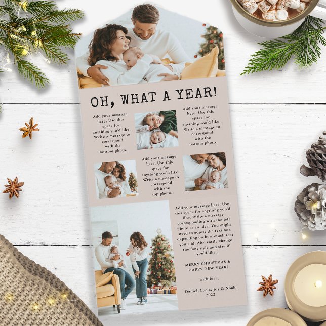 Carte triplée du bulletin de vacances (Oh, What A Year Christmas New Year Holiday Newsletter Card - Tan and Black)