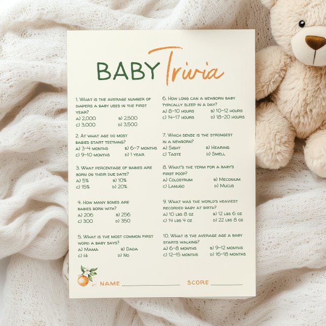 Carte Trivia du Baby shower Orange Citrus Little C (Créateur téléchargé)