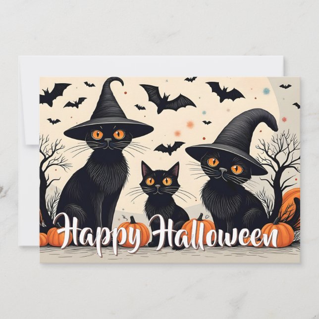 Carte Trois chats noirs avec Casquettes à l'Halloween (Devant)