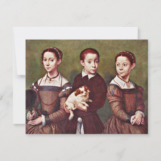 Carte Trois enfants avec chien, peinture d'art (Devant)