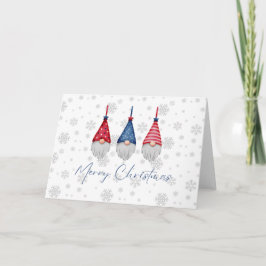 Carte Trois Gnomes Bleus Rouges Joyeux Snowflakes Noël