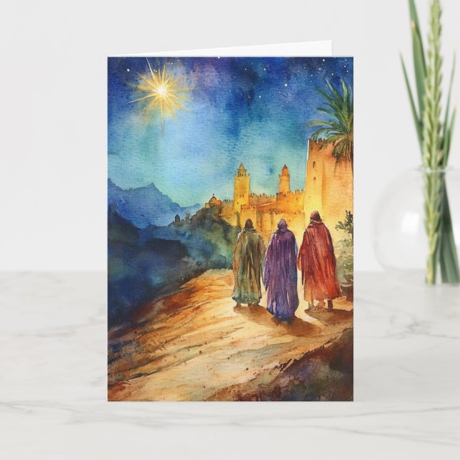 Carte Trois hommes sages avec l'Aquarelle étoile de Noël (Devant)