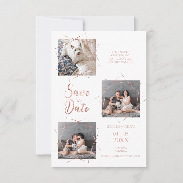 Carte Trois photos modernes Rose à la mode Effet or (Devant)