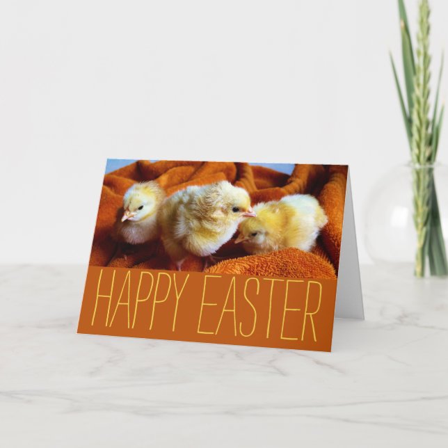 Carte Trois poussins jaunes, jaunes et oranges Pâques (Devant)