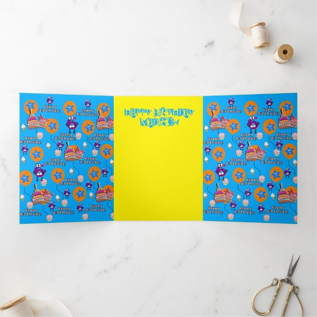 Carte Trois Volets Bonne 6e carte d'anniversaire, #6 bleu et jaune (Intérieur)