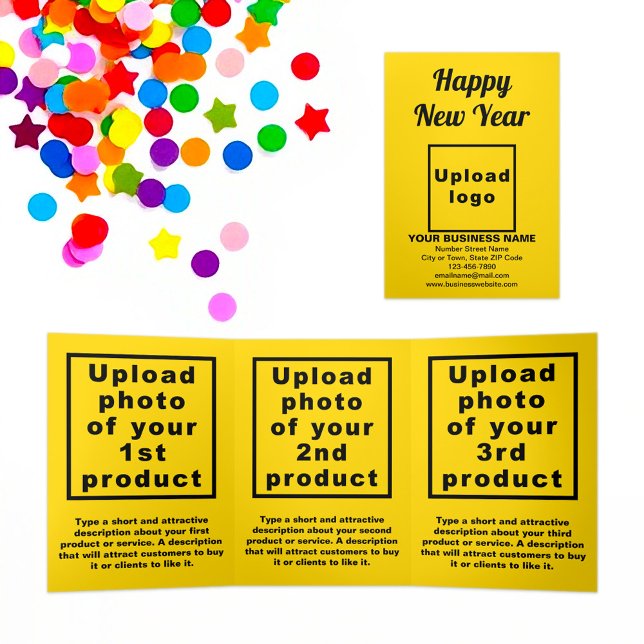 Carte Trois Volets Carte Jaune Jaune pour le Nouvel An (New Year greeting, business brand and products on yellow trifold card)