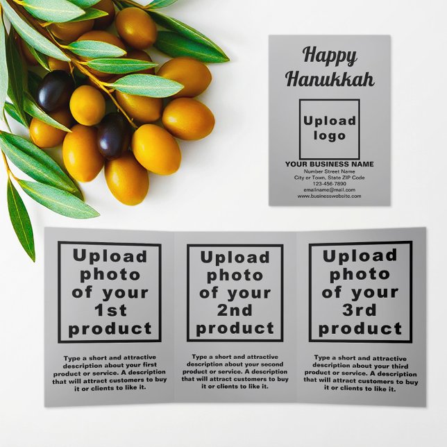 Carte Trois Volets Carte triplée gris Hanoukka Business (Hanukkah greeting, business brand and products on gray trifold card)