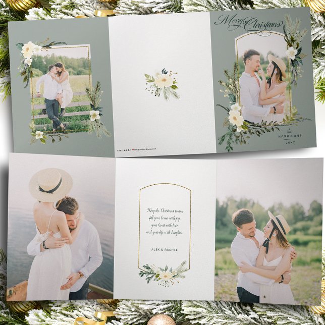 Carte Trois Volets Chic Sage Noël Botanique avec photo Arché d'or (Créateur téléchargé)