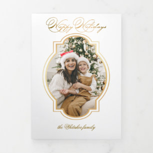 Carte Trois Volets Élégant Gold Happy Holidays Script Photo unique