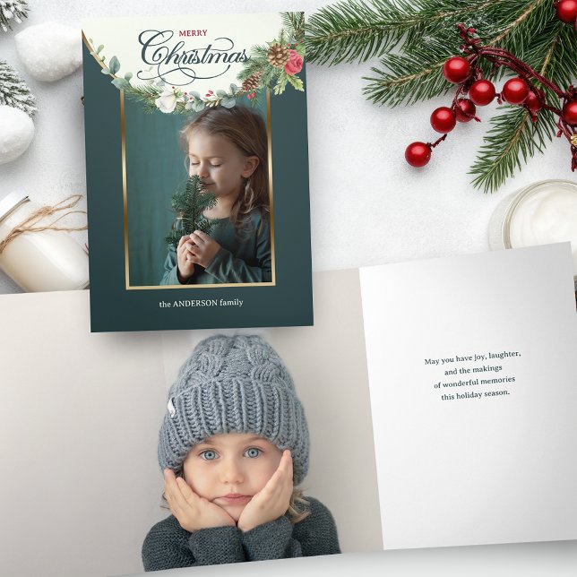 Carte Trois Volets Élégante Calligraphie de Noël Joyeux Floral Photo (Créateur téléchargé)