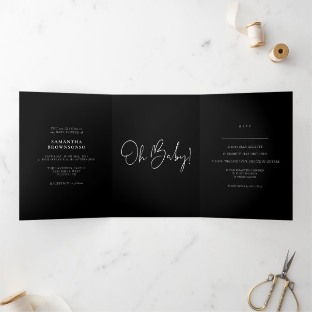 Carte Trois Volets Formal Black Modern Baby Shower (Intérieur)